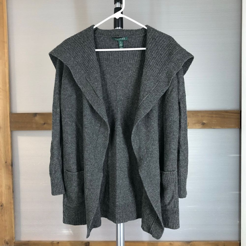 Sz M-Lauren Ralph Lauren Gray 100% Wool Shawl Collar Midi Open Cardigan Sweater